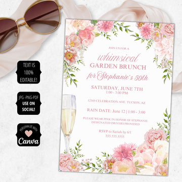 pink floral garden brunch invitations